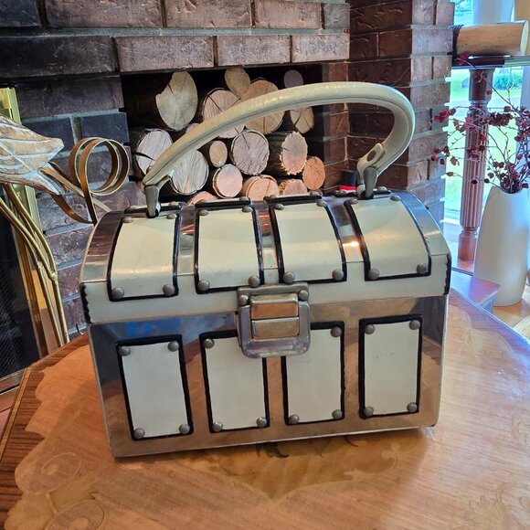 Tano of Madrid - Vintage Silver & Leather Locking Train Case Style Purse - Picture 1 of 16